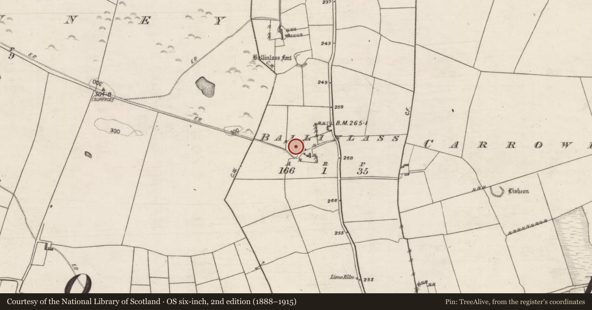 Ordnance Survey six-inch map, 2nd edition (1888–1915) covering the location of Ringfort - unclassified, Ballinlass, County Galway, with a pin at the register's coordinates