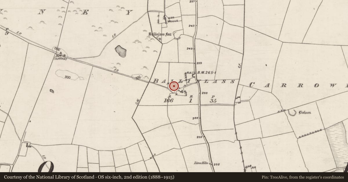 Ordnance Survey six-inch map, 2nd edition (1888–1915) covering the location of Souterrain, Ballinlass, County Galway, with a pin at the register's coordinates
