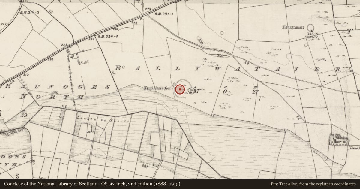 Ordnance Survey six-inch map, 2nd edition (1888–1915) covering the location of Ringfort - rath, Ballywataire, County Galway, with a pin at the register's coordinates