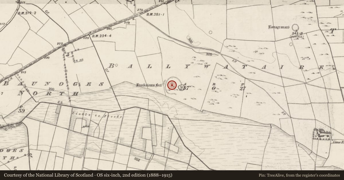 Ordnance Survey six-inch map, 2nd edition (1888–1915) covering the location of Children's burial ground, Ballywataire, County Galway, with a pin at the register's coordinates