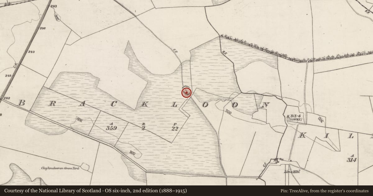 Ordnance Survey six-inch map, 2nd edition (1888–1915) covering the location of Enclosure, Brackloon, County Galway, with a pin at the register's coordinates