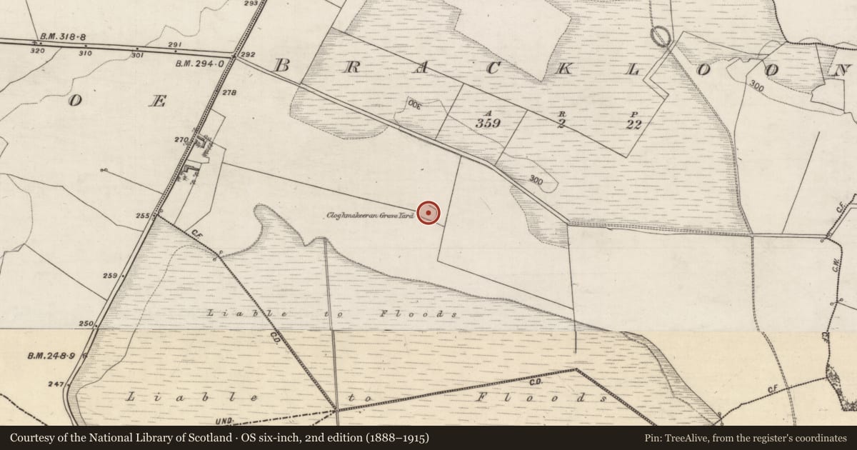 Ordnance Survey six-inch map, 2nd edition (1888–1915) covering the location of Church, Brackloon, County Galway, with a pin at the register's coordinates
