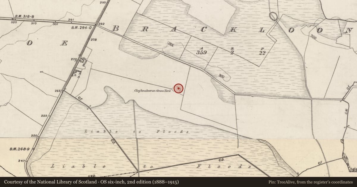 Ordnance Survey six-inch map, 2nd edition (1888–1915) covering the location of Ecclesiastical enclosure, Brackloon, County Galway, with a pin at the register's coordinates