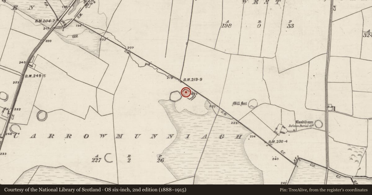 Ordnance Survey six-inch map, 2nd edition (1888–1915) covering the location of Moated site, Carrowmunniagh, County Galway, with a pin at the register's coordinates