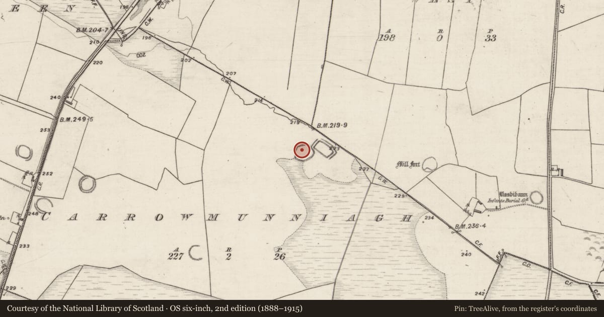 Ordnance Survey six-inch map, 2nd edition (1888–1915) covering the location of House - indeterminate date, Carrowmunniagh, County Galway, with a pin at the register's coordinates
