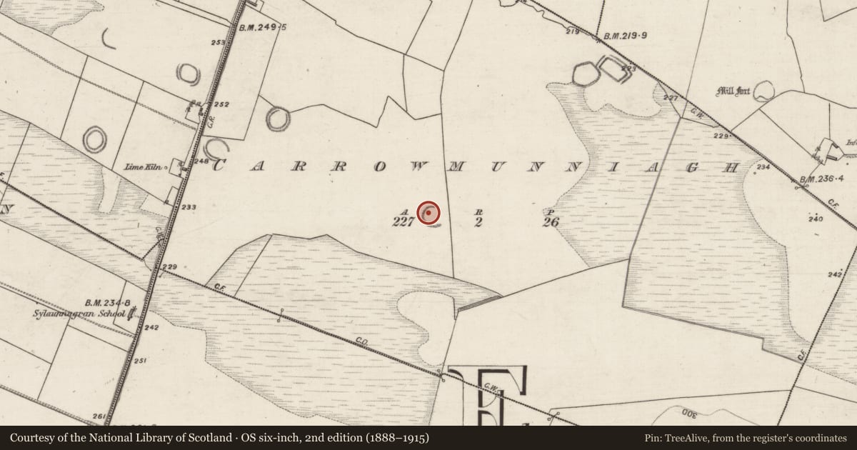 Ordnance Survey six-inch map, 2nd edition (1888–1915) covering the location of Enclosure, Carrowmunniagh, County Galway, with a pin at the register's coordinates