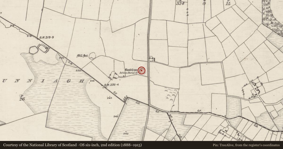 Ordnance Survey six-inch map, 2nd edition (1888–1915) covering the location of Children's burial ground, Carrowpadeen West, County Galway, with a pin at the register's coordinates