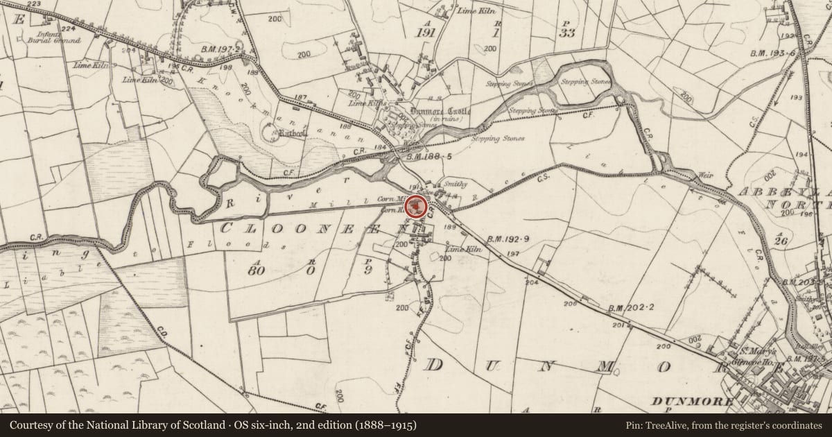 Ordnance Survey six-inch map, 2nd edition (1888–1915) covering the location of Mill - unclassified, Clooneen, County Galway, with a pin at the register's coordinates