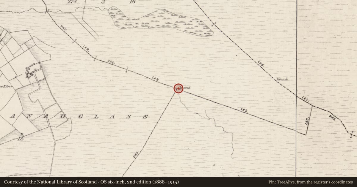 Ordnance Survey six-inch map, 2nd edition (1888–1915) covering the location of Boundary mound, County Galway, with a pin at the register's coordinates