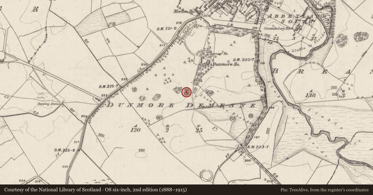 Ordnance Survey six-inch map, 2nd edition (1888–1915) covering the location of Enclosure, Dunmore Demesne, County Galway, with a pin at the register's coordinates