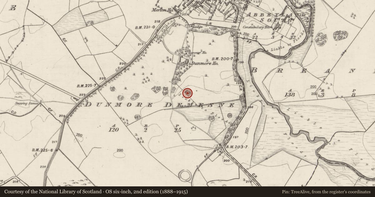 Ordnance Survey six-inch map, 2nd edition (1888–1915) covering the location of Designed landscape feature, Dunmore Demesne, County Galway, with a pin at the register's coordinates