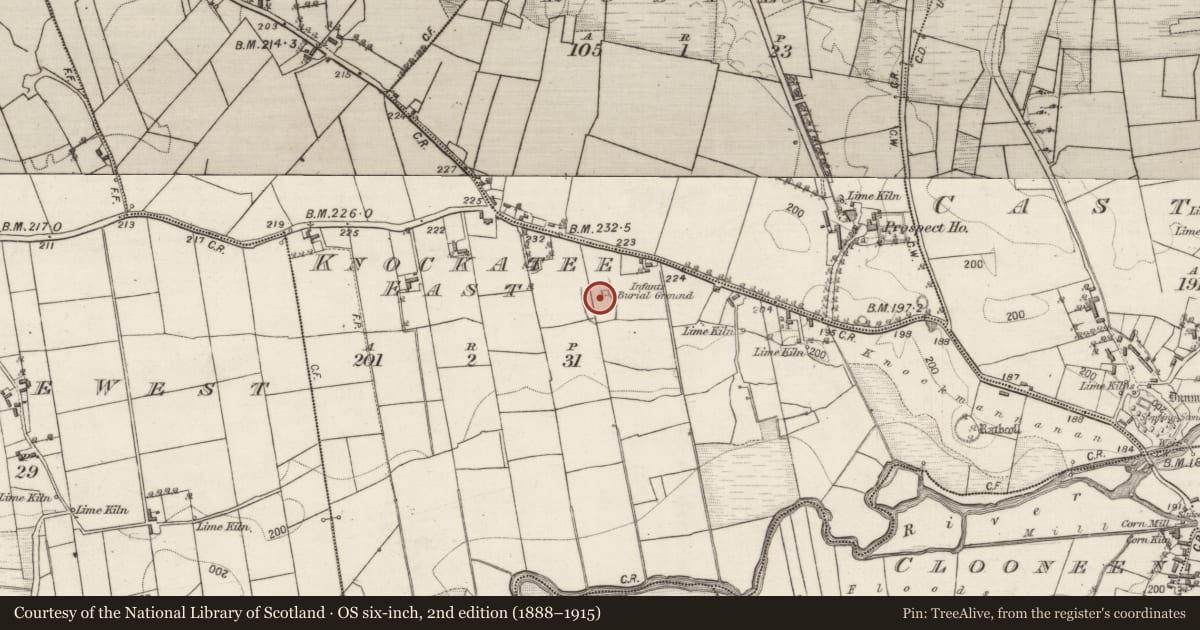 Ordnance Survey six-inch map, 2nd edition (1888–1915) covering the location of Enclosure, Knockatee East, County Galway, with a pin at the register's coordinates