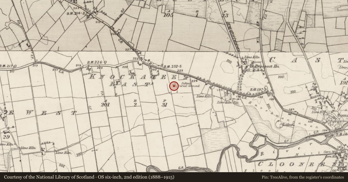 Ordnance Survey six-inch map, 2nd edition (1888–1915) covering the location of Children's burial ground, Knockatee East, County Galway, with a pin at the register's coordinates