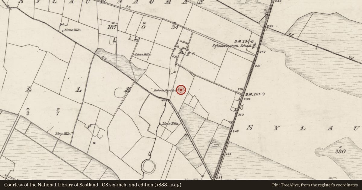 Ordnance Survey six-inch map, 2nd edition (1888–1915) covering the location of Children's burial ground, Sylaunnagran, County Galway, with a pin at the register's coordinates