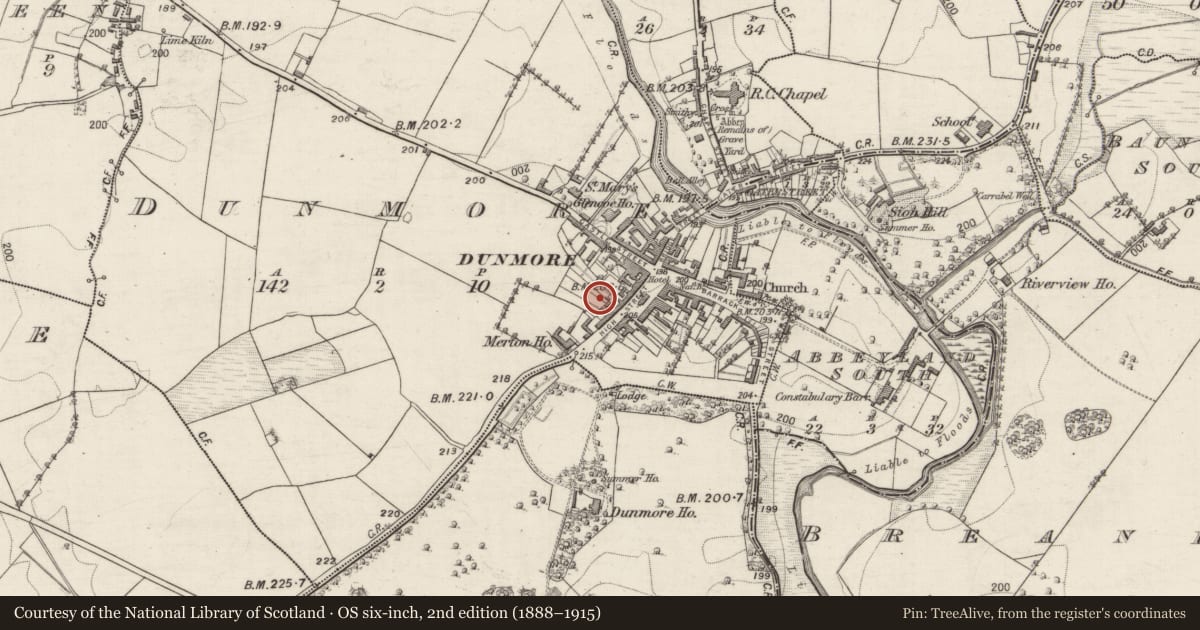 Ordnance Survey six-inch map, 2nd edition (1888–1915) covering the location of Cross, Dunmore, County Galway, with a pin at the register's coordinates
