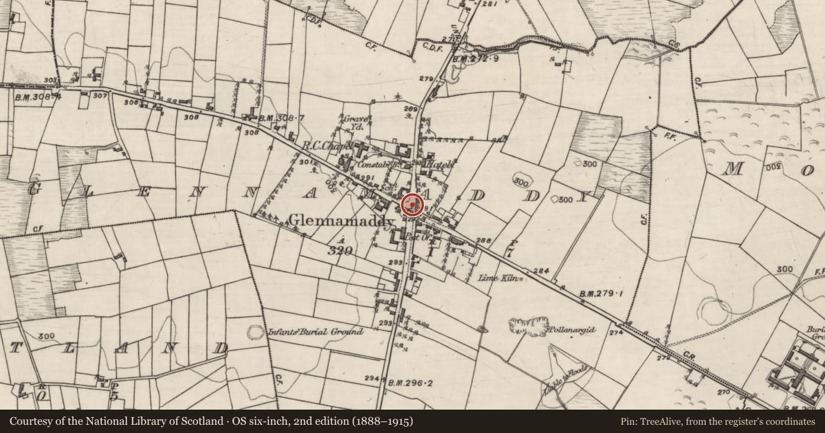 Ordnance Survey six-inch map, 2nd edition (1888–1915) covering the location of Town, Glennamaddy, County Galway, with a pin at the register's coordinates