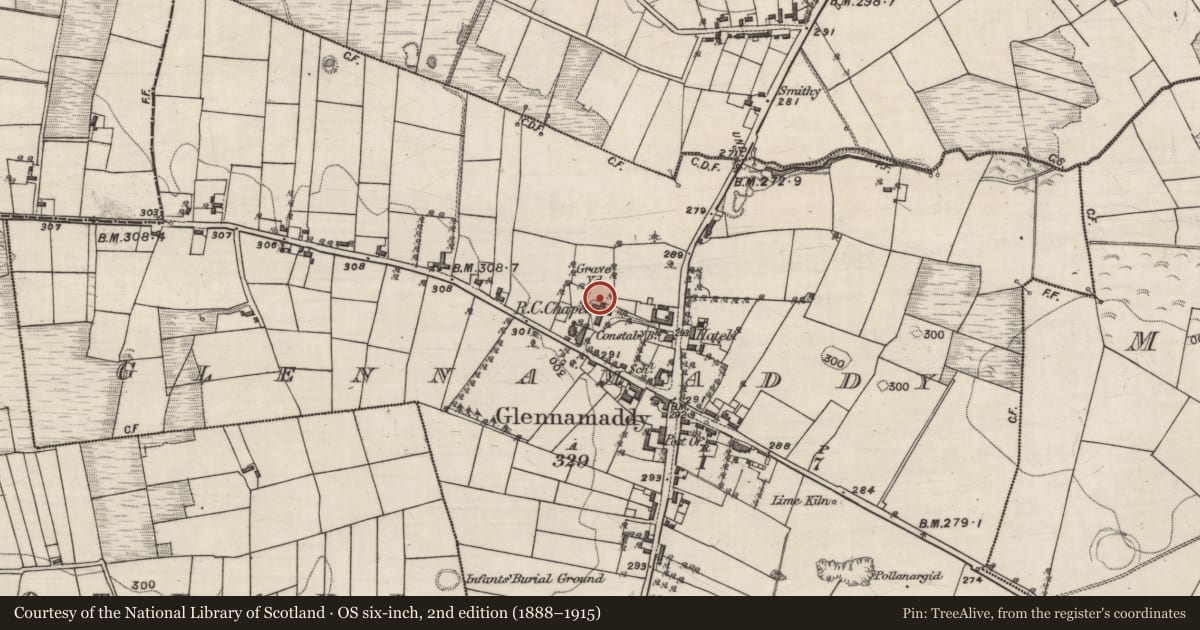 Ordnance Survey six-inch map, 2nd edition (1888–1915) covering the location of Chapel, Glennamaddy, County Galway, with a pin at the register's coordinates