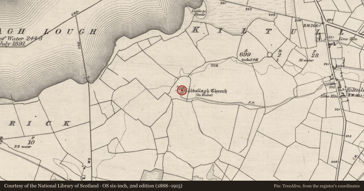 Ordnance Survey six-inch map, 2nd edition (1888–1915) covering the location of Ecclesiastical enclosure, Kiltullagh, County Galway, with a pin at the register's coordinates