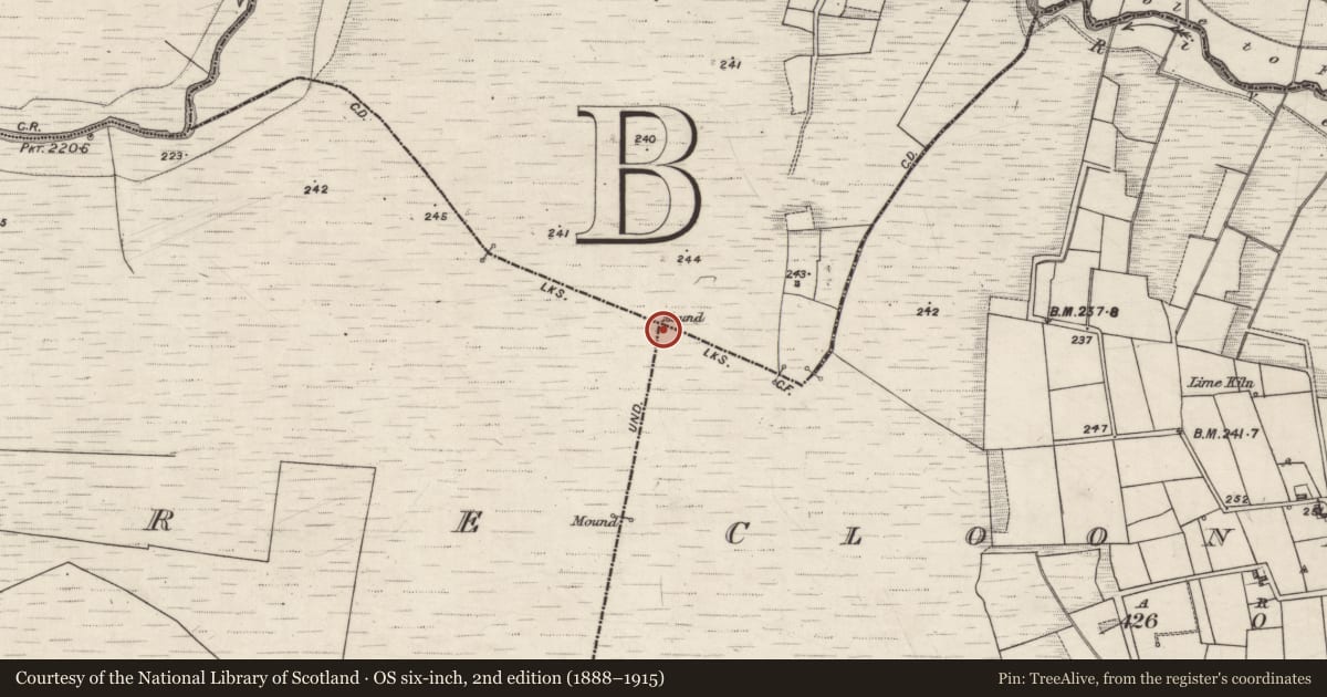 Ordnance Survey six-inch map, 2nd edition (1888–1915) covering the location of Boundary mound, County Galway, with a pin at the register's coordinates