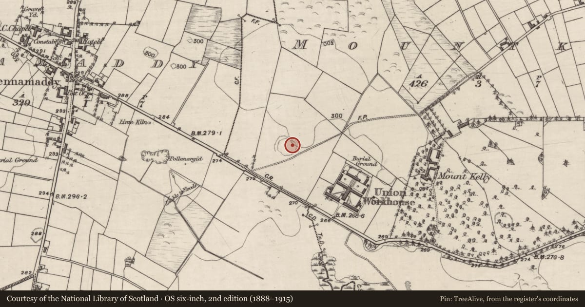 Ordnance Survey six-inch map, 2nd edition (1888–1915) covering the location of Ringfort - rath, Mountkelly, County Galway, with a pin at the register's coordinates