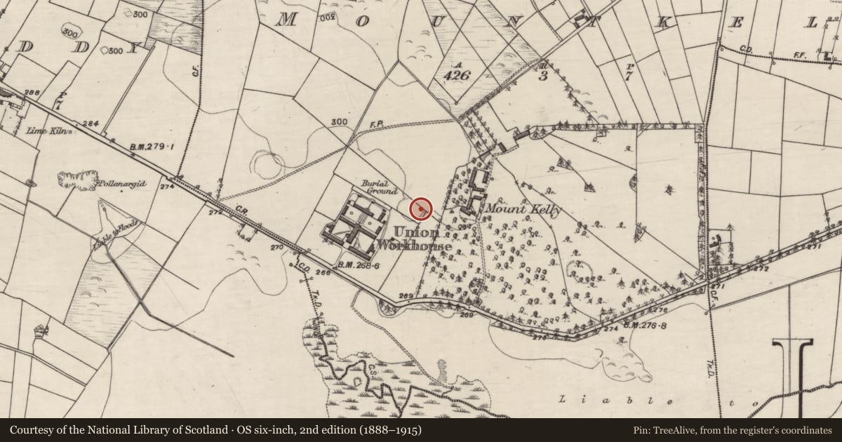 Ordnance Survey six-inch map, 2nd edition (1888–1915) covering the location of Burial ground, Mountkelly, County Galway, with a pin at the register's coordinates