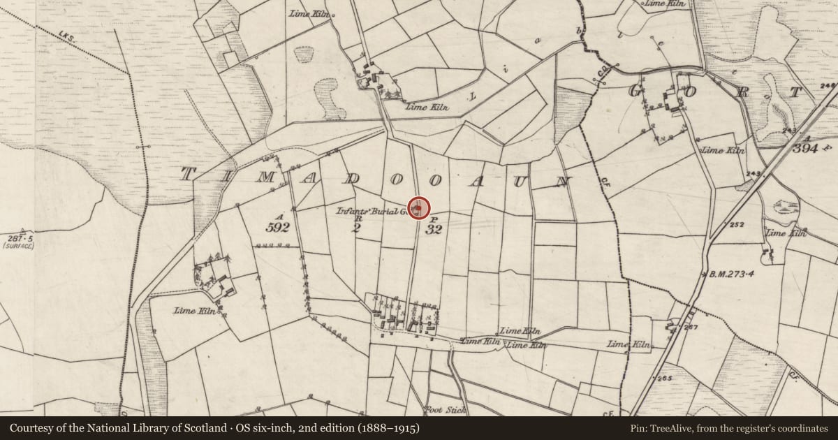 Ordnance Survey six-inch map, 2nd edition (1888–1915) covering the location of Children's burial ground, Timadooaun, County Galway, with a pin at the register's coordinates