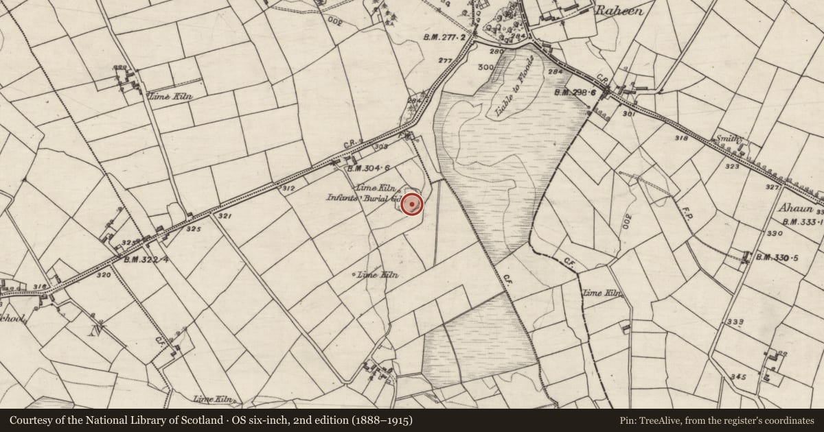 Ordnance Survey six-inch map, 2nd edition (1888–1915) covering the location of Children's burial ground, Timard, County Galway, with a pin at the register's coordinates