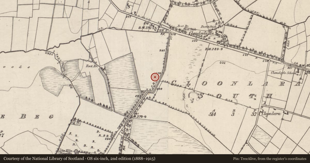 Ordnance Survey six-inch map, 2nd edition (1888–1915) covering the location of Children's burial ground, Cloondoyle More, County Galway, with a pin at the register's coordinates