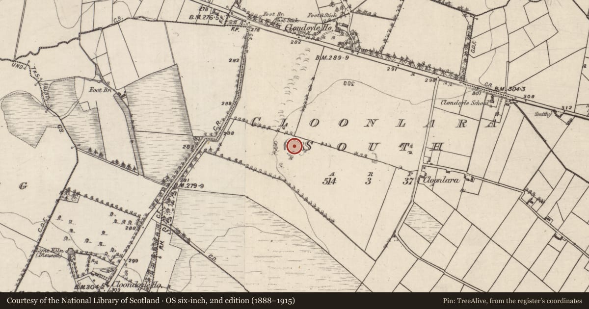 Ordnance Survey six-inch map, 2nd edition (1888–1915) covering the location of Ringfort - rath, Cloonlara South, County Galway, with a pin at the register's coordinates