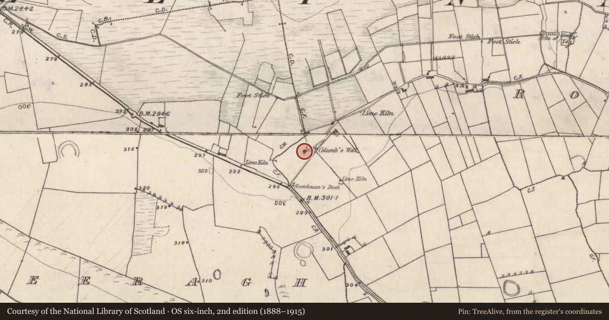 Ordnance Survey six-inch map, 2nd edition (1888–1915) covering the location of Ritual site - holy well, Kilcolumb, County Galway, with a pin at the register's coordinates