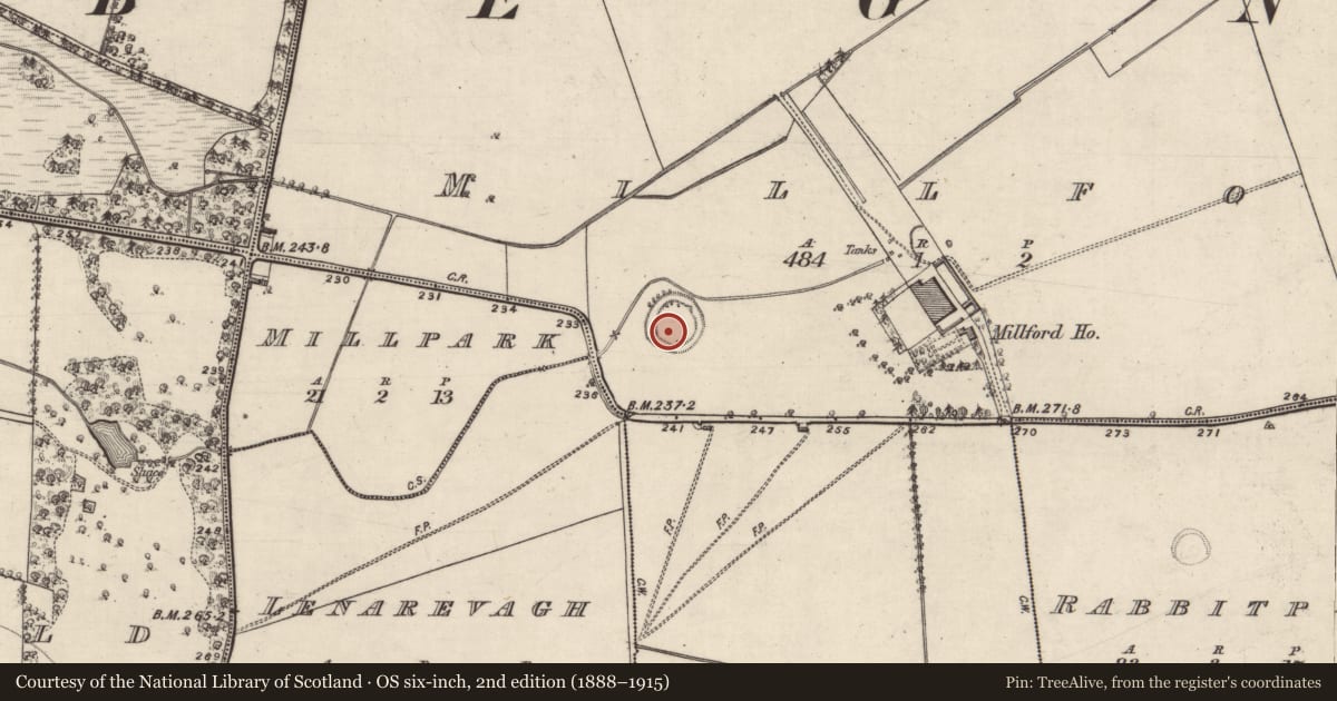 Ordnance Survey six-inch map, 2nd edition (1888–1915) covering the location of Ringfort - rath, Millford, County Galway, with a pin at the register's coordinates