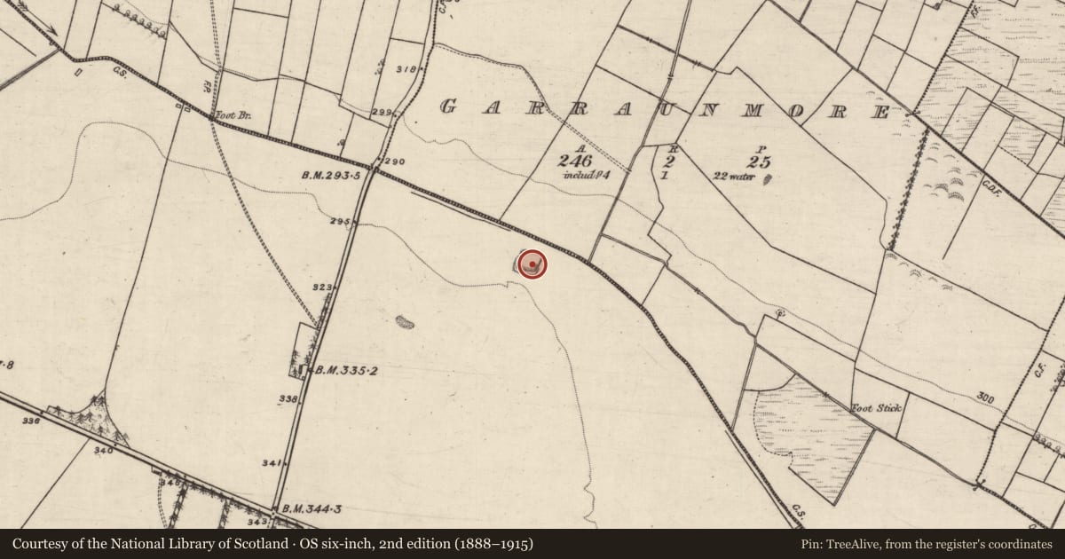 Ordnance Survey six-inch map, 2nd edition (1888–1915) covering the location of Moated site, County Galway, with a pin at the register's coordinates