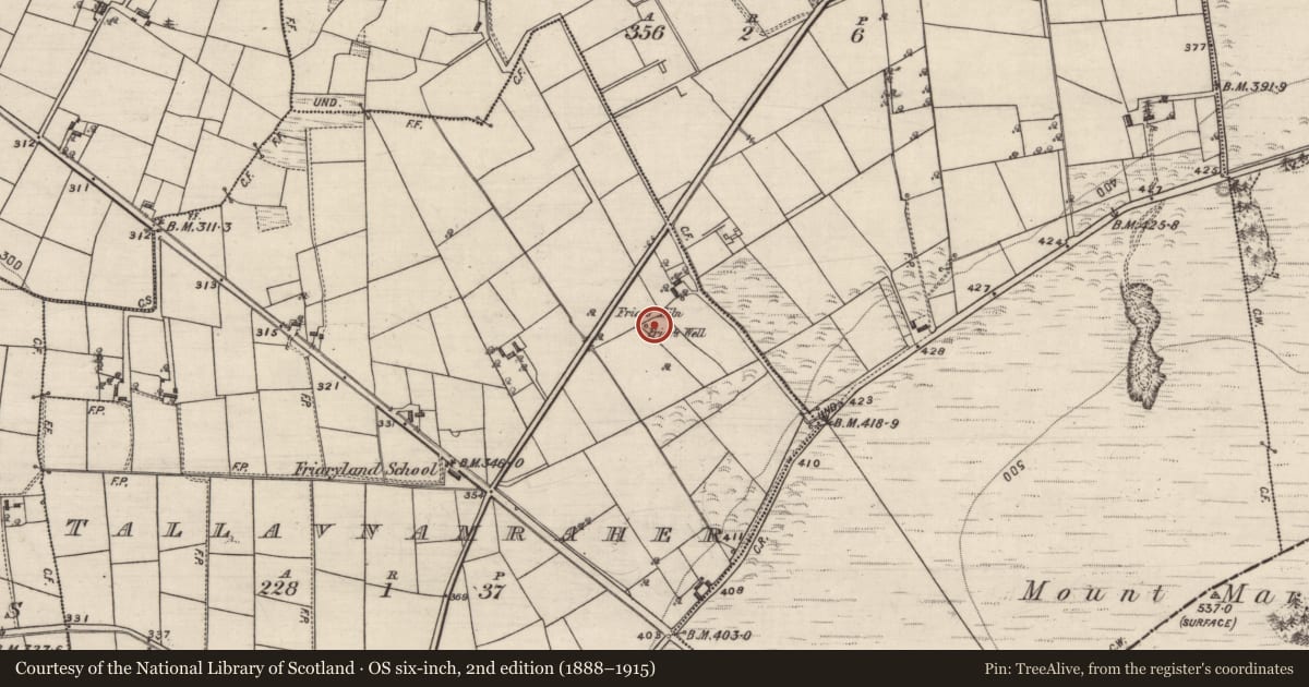Ordnance Survey six-inch map, 2nd edition (1888–1915) covering the location of Ritual site - holy well, Tallavnamraher, County Galway, with a pin at the register's coordinates