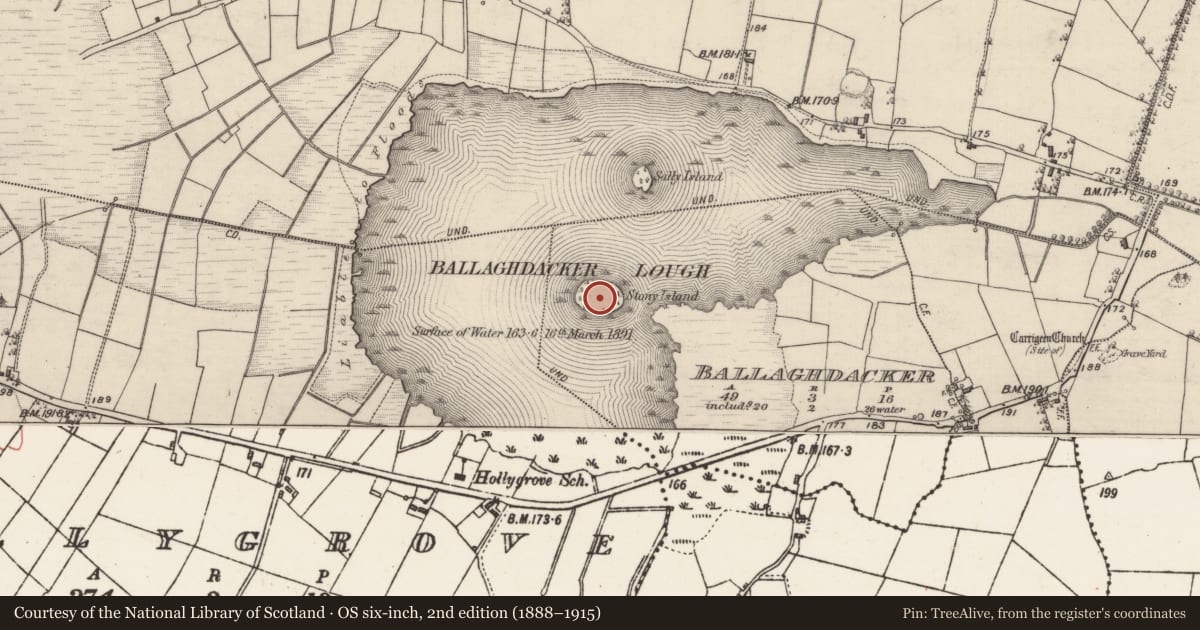 Ordnance Survey six-inch map, 2nd edition (1888–1915) covering the location of Crannog, Ballaghdacker, County Galway, with a pin at the register's coordinates