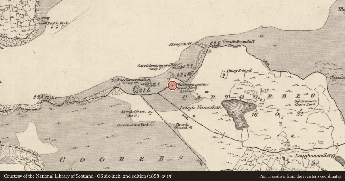 Ordnance Survey six-inch map, 2nd edition (1888–1915) covering the location of Graveyard, Cartoorbeg, County Galway, with a pin at the register's coordinates