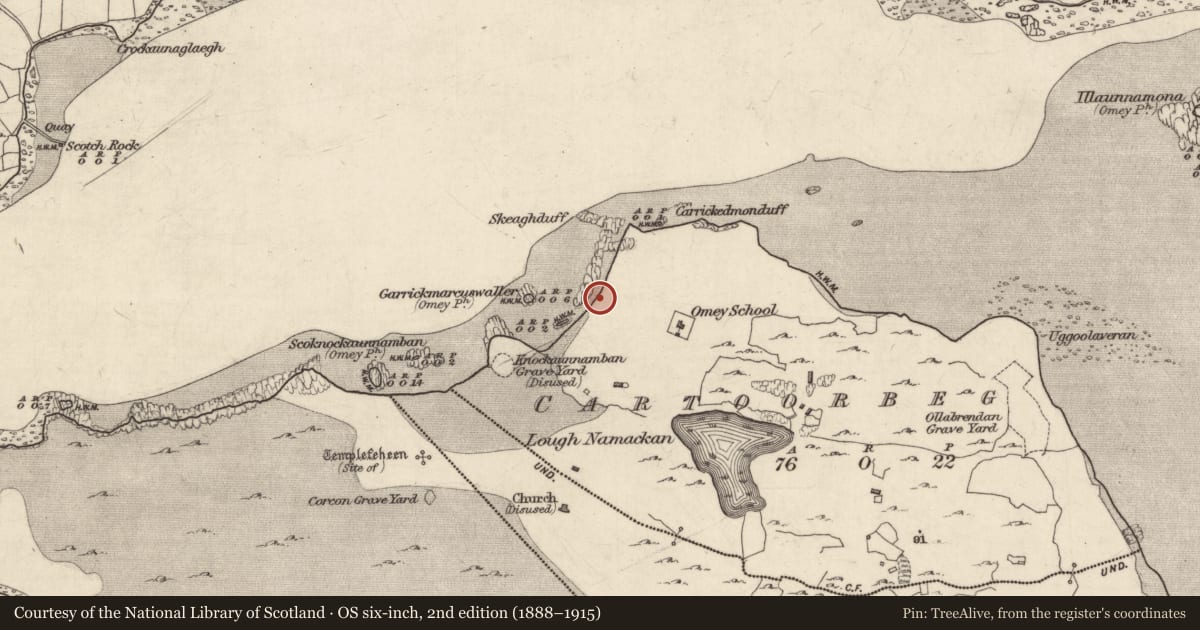 Ordnance Survey six-inch map, 2nd edition (1888–1915) covering the location of Midden, Cartoorbeg, County Galway, with a pin at the register's coordinates