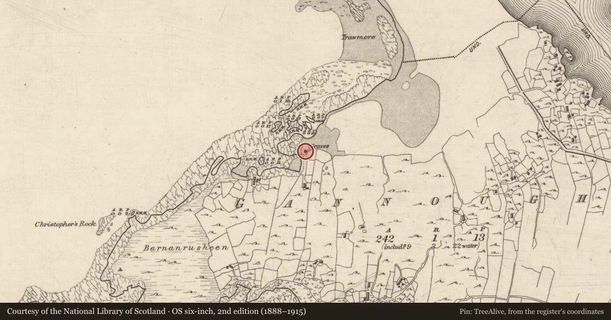 Ordnance Survey six-inch map, 2nd edition (1888–1915) covering the location of Burial, Gannoughs, County Galway, with a pin at the register's coordinates