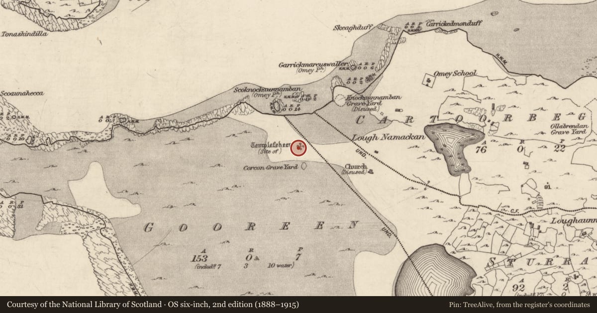 Ordnance Survey six-inch map, 2nd edition (1888–1915) covering the location of Enclosure, Gooreen, County Galway, with a pin at the register's coordinates
