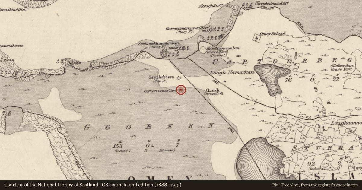 Ordnance Survey six-inch map, 2nd edition (1888–1915) covering the location of Graveyard, Gooreen, County Galway, with a pin at the register's coordinates