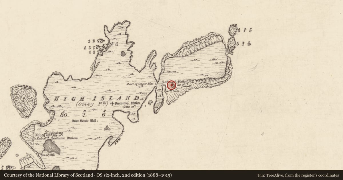 Ordnance Survey six-inch map, 2nd edition (1888–1915) covering the location of Penitential station, High Island, County Galway, with a pin at the register's coordinates