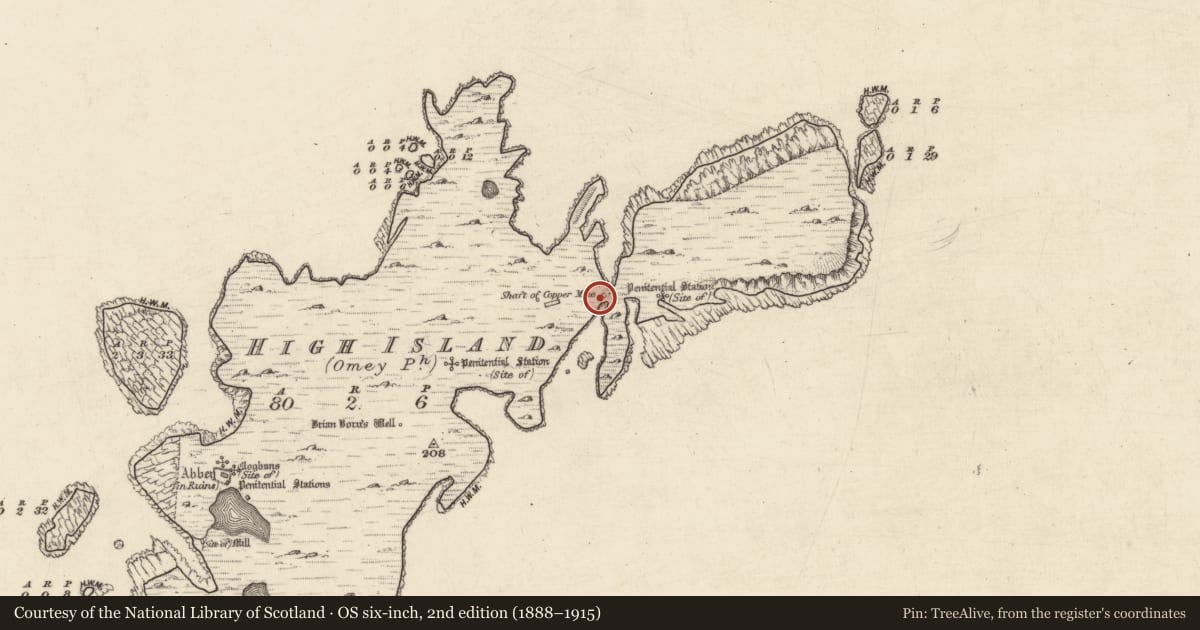 Ordnance Survey six-inch map, 2nd edition (1888–1915) covering the location of Mine - copper, High Island, County Galway, with a pin at the register's coordinates