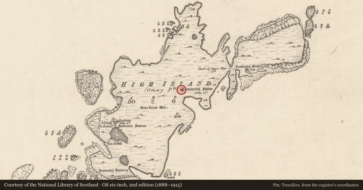 Ordnance Survey six-inch map, 2nd edition (1888–1915) covering the location of Penitential station, High Island, County Galway, with a pin at the register's coordinates