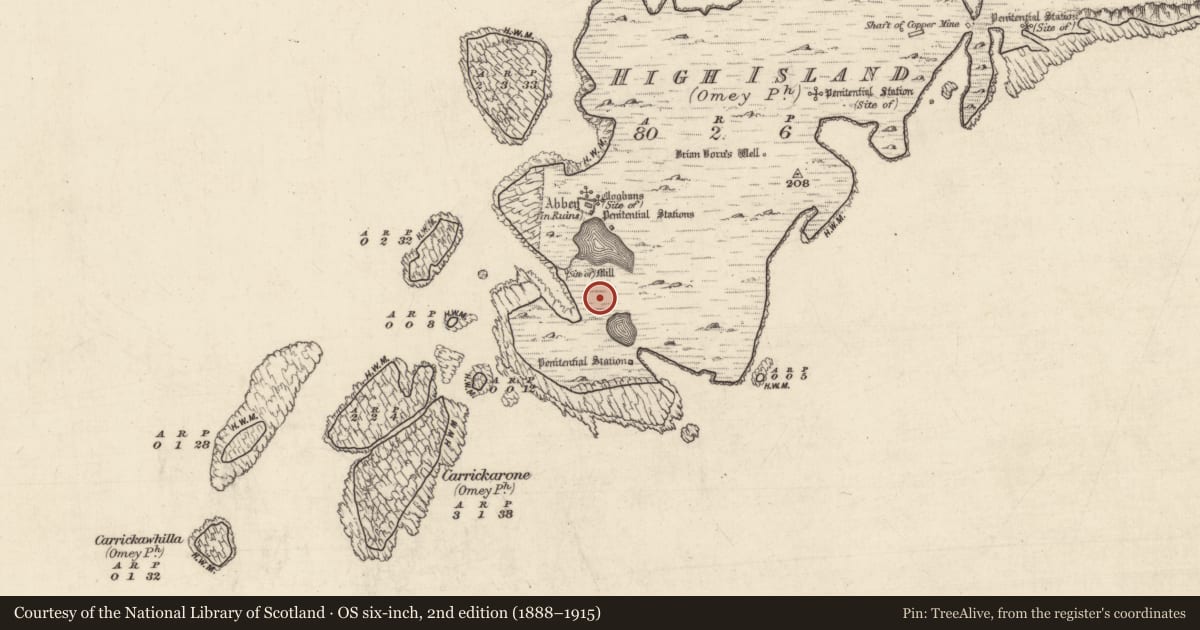 Ordnance Survey six-inch map, 2nd edition (1888–1915) covering the location of House - indeterminate date, High Island, County Galway, with a pin at the register's coordinates