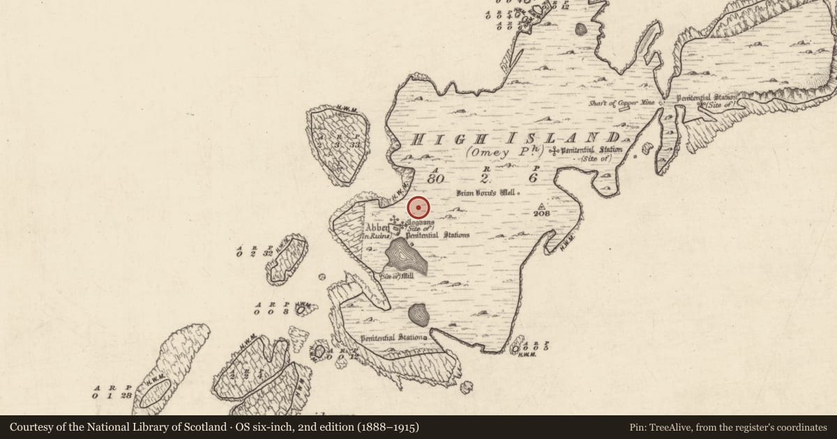 Ordnance Survey six-inch map, 2nd edition (1888–1915) covering the location of House - indeterminate date, High Island, County Galway, with a pin at the register's coordinates