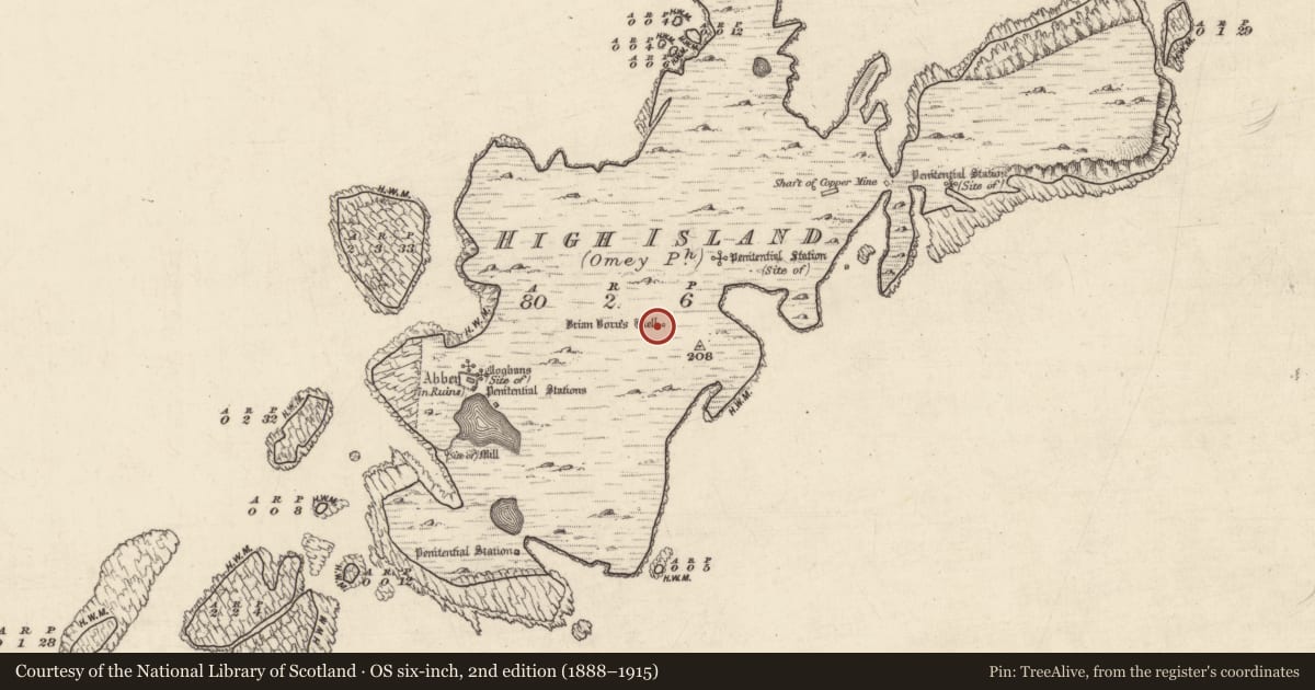 Ordnance Survey six-inch map, 2nd edition (1888–1915) covering the location of Ritual site - holy well, High Island, County Galway, with a pin at the register's coordinates