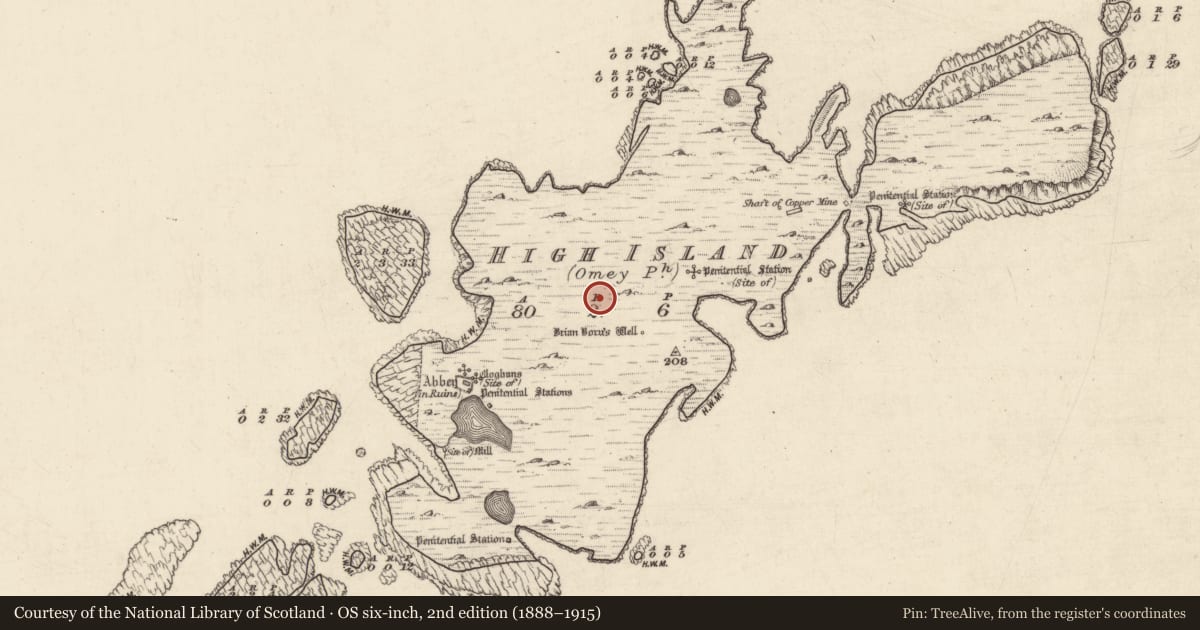 Ordnance Survey six-inch map, 2nd edition (1888–1915) covering the location of House - indeterminate date, High Island, County Galway, with a pin at the register's coordinates