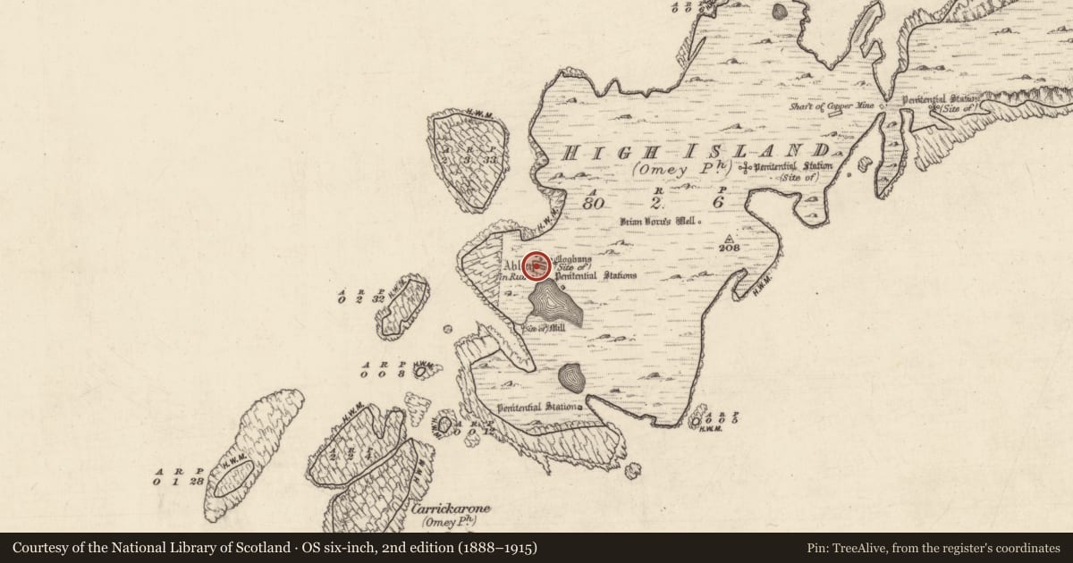 Ordnance Survey six-inch map, 2nd edition (1888–1915) covering the location of Clochan, High Island, County Galway, with a pin at the register's coordinates
