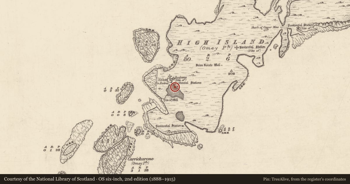 Ordnance Survey six-inch map, 2nd edition (1888–1915) covering the location of Penitential station, High Island, County Galway, with a pin at the register's coordinates