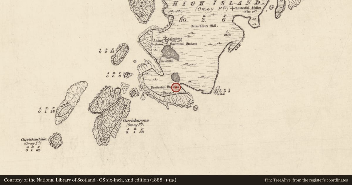Ordnance Survey six-inch map, 2nd edition (1888–1915) covering the location of Penitential station, High Island, County Galway, with a pin at the register's coordinates
