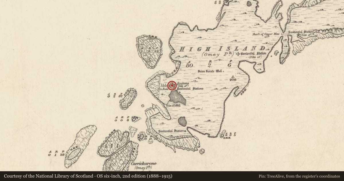 Ordnance Survey six-inch map, 2nd edition (1888–1915) covering the location of Penitential station, High Island, County Galway, with a pin at the register's coordinates
